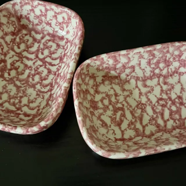 2 Vintage BTC Henn Pottery USA Red Spongeware Relish Dish Snack Soap Trinket