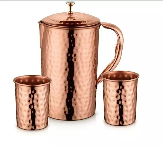 Pure Copper Hammered Embossed Lemon Set Pitcher 6 Tumbler Set Water Jug Ayurveda