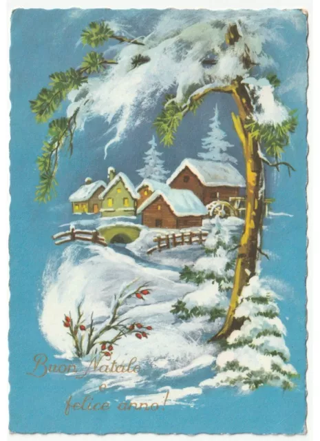 1969 Carte Postale Vintage Joyeux Noël Case sur Le Fleuve Moulin Paysage Enneigé