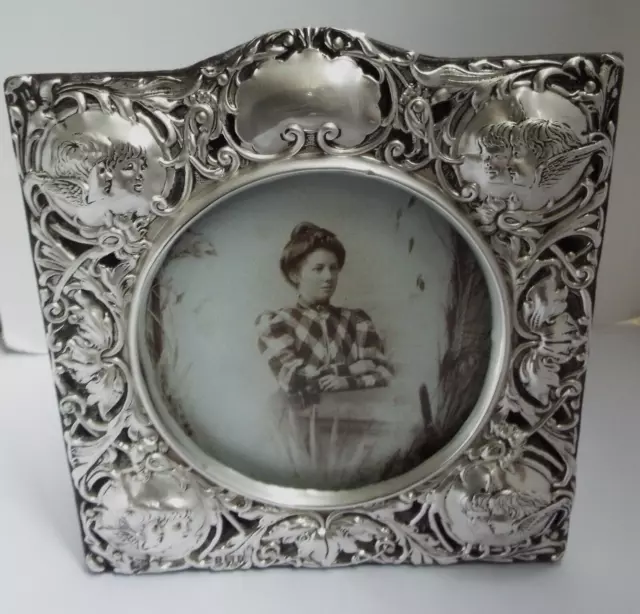 Fabulous Large Antique Art Nouveau 1903 Sterling Silver Photo Frame With Angels