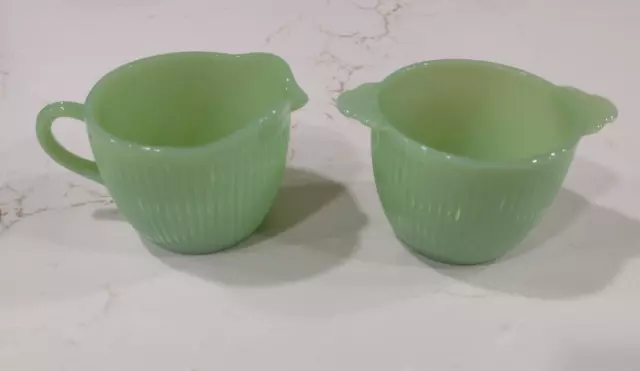 Vintage FIRE KING OVEN WARE Jadeite Ribbed Jane Ray Creamer & Sugar Bowl No Lid