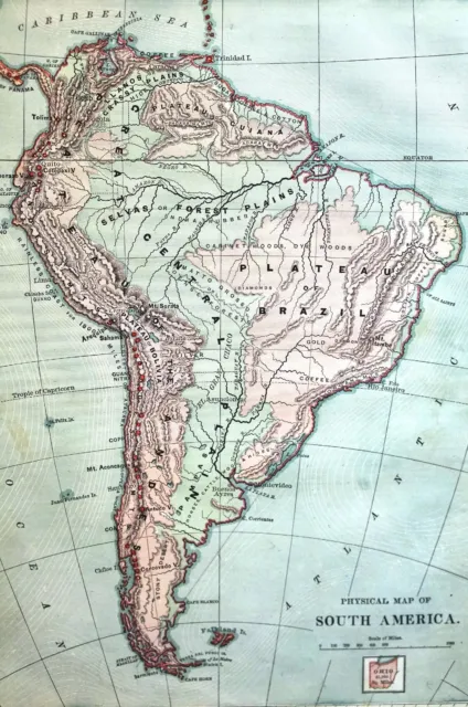 Antique Map of SOUTH AMERICA Brazil Venezuela Paraguay Argentina 1883 Matted