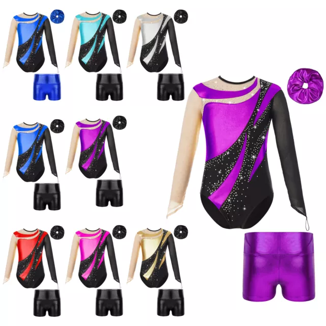 Kids Girl's Leotards With Shorts Athletic Bodysuit And Bottom Shiny Jumpsuit 3