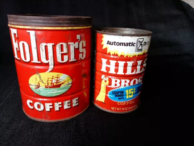 Folgers Metal Coffee Can 1952 Canco 2lb & 1 lb Hills Bros  Kitchen Decor Vintage