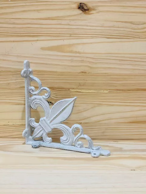 2 Cast Iron Fleur De Lis Shelf Brackets Brace Corbel Door Garden Distressed Prop 3