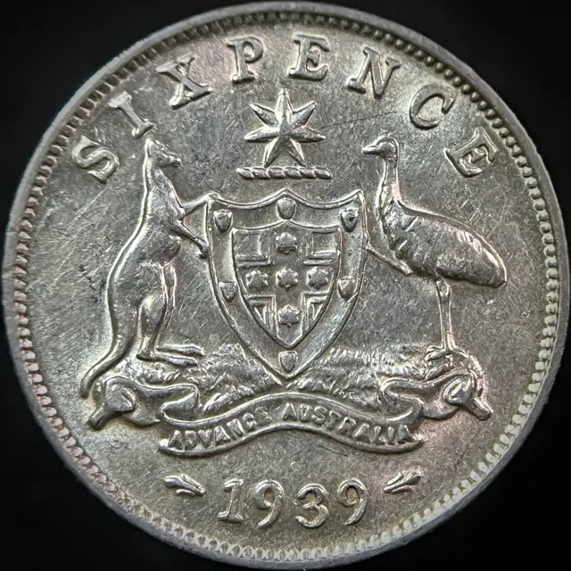 AUSTRALIA. 1939, 6 Pence, Silver - KGV, Melbourne, Kangaroo Emu Sixpence KEY .