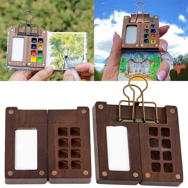 Palette Aquarelle Portable En Bois - Mini Boîte Voyage Avec Carnet, Pinceau, Clip - 8 Godets