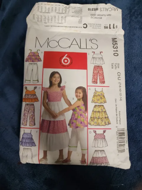 McCalls 5310 Empire Waist Top Tiered Skirt Pants Girls Size 7 14 Pattern. bgJ