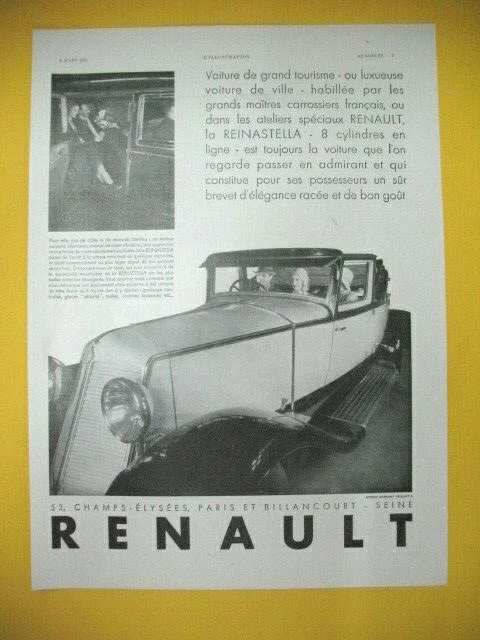 Publicite De Presse Renault Automobile Reinastella Grand Tourisme Luxueuse 1930