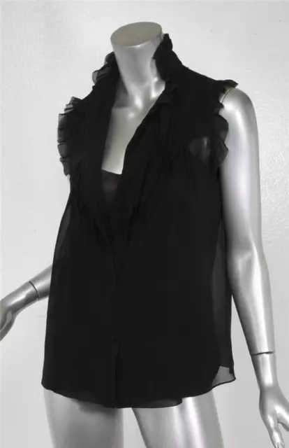 DEREK LAM Black Silk Sheer Cami Ruffle Sleeveless Button Top Blouse 6-42