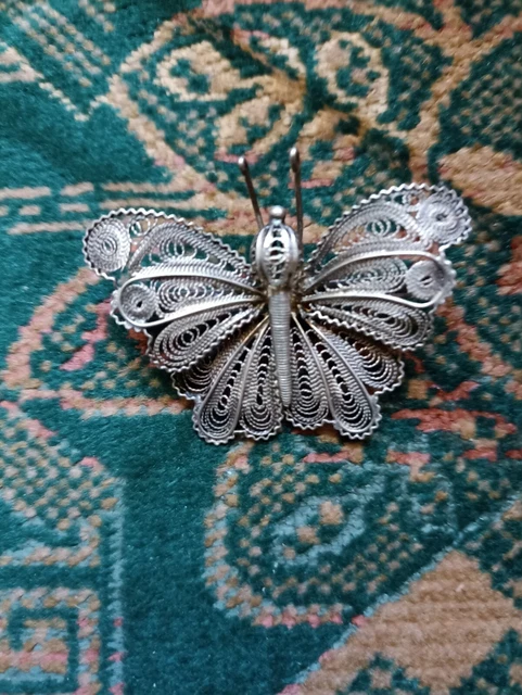 Broche Vintage Papillon En Argent - Filigrane Fait Main - Bijou Ancien
