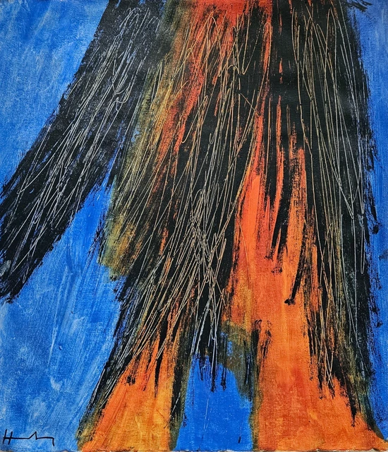 Tableau Abstrait Huile Sur Toile Par J.J. Gut (1924-2002) - Style Années 80, 38x46 Cm