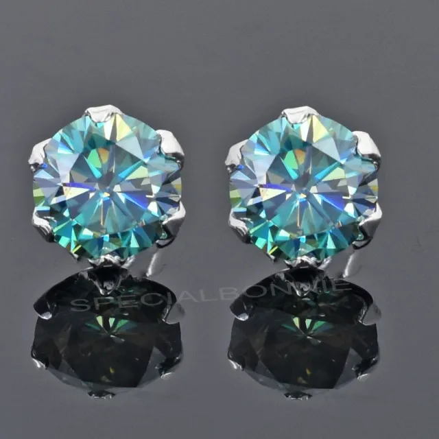 Certified 4.00 Ct Blue Diamond Solitaire Studs In 925 Silver, Amazing Luster !