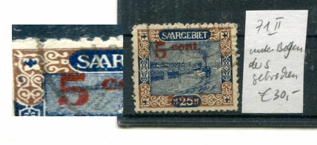 Saargebiet Plattenfehler  Michel Nr. 71 II (unterer Borgen der 5 gebrochen), ges