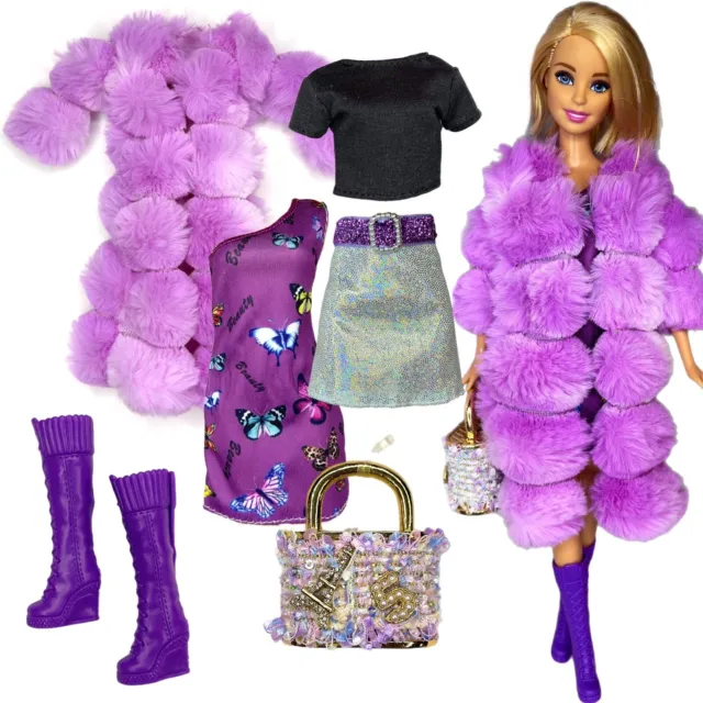 Eledoll Clothes Fashion Pack for 12 inch Fashion Doll Purple Fur Set