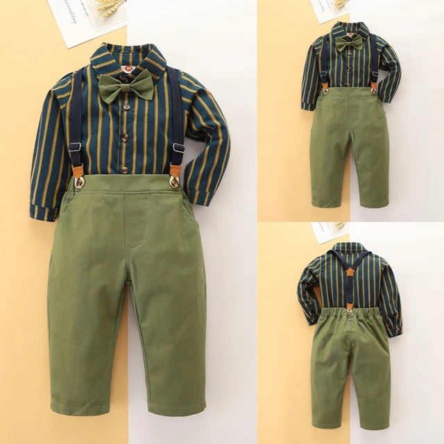 Kids Baby Boys Check Gentlemen Outfits Bowtie Shirt Dungaree Overalls Pants Sets