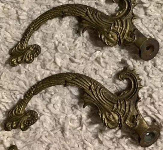 Antique Original Cast Iron Fish Coat Hat Rack Hooks, Ornate Detail, Brass Finish