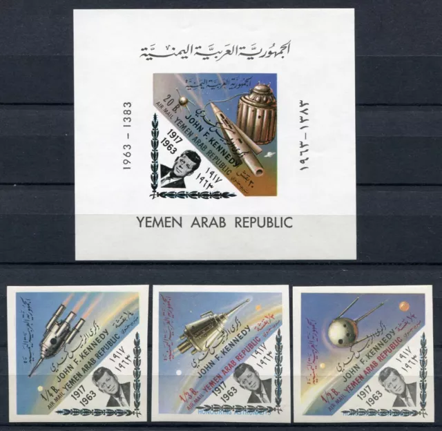 Spazio 1964 Yemen Yemen Kennedy 332-4 B + blocco 21 imperfetto nuovo di zecca raro/14