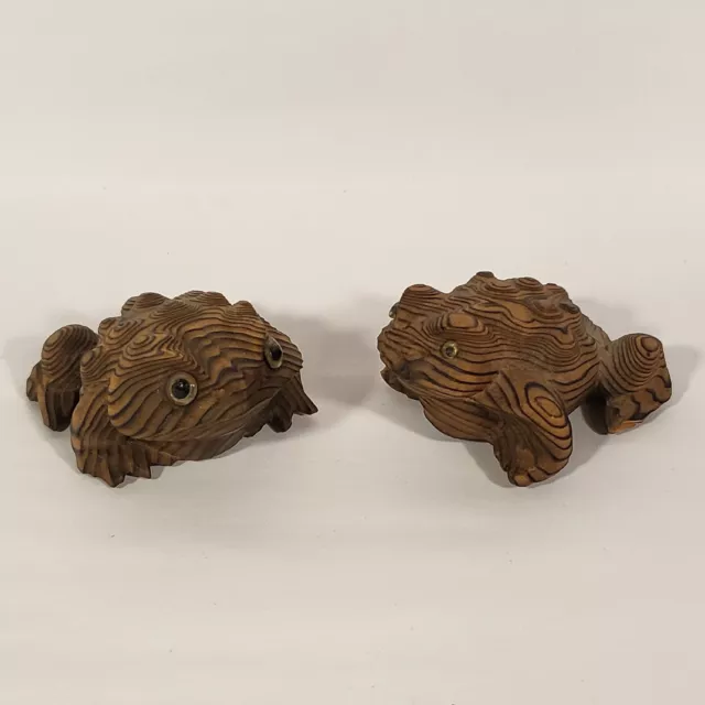 2 Vintage Cryptomeria Hand Carved Horny Toad Frog Japan MCM Sugi Wood Gift Lucky