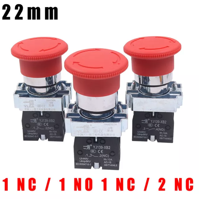 22mm Panel Mount Emergency Stop Locking Mushroom Head Push Button Switch NO / NC