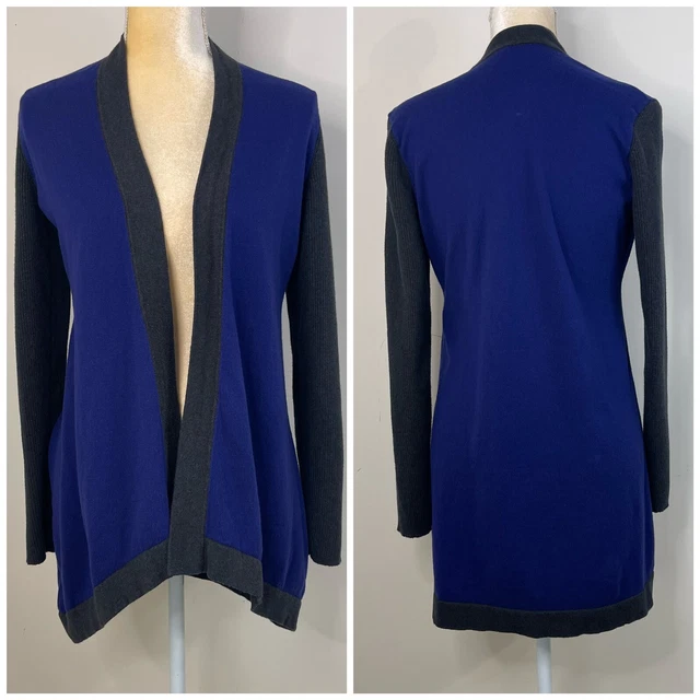 Eileen Fisher Size S Color Block Long Knit Cardigan Blue Gray Angle Front