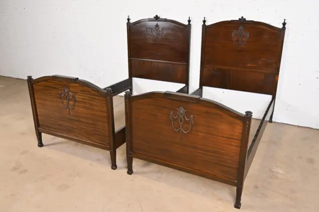 Antique French Regency Louis XVI Carved Mahogany Twin Size Beds, Pair