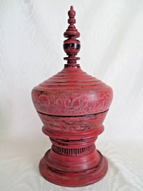 Antique Burmese  red lacquer sgrafitto Offering Vessel