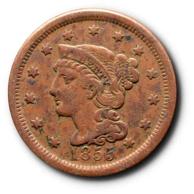 1855 Braided Hair Large Cent 1C EF Extra Fine XF