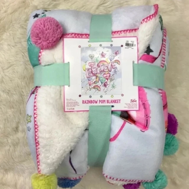 Justice Blanket Sherpa Throw Pom Pom Rainbow Bedding Cozy Fuzzy Warm NEW