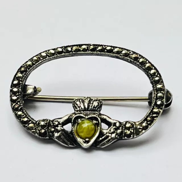 Sterling Silver and Irish Connemara Marble Marcasite Claddagh Brooch Dublin 1978