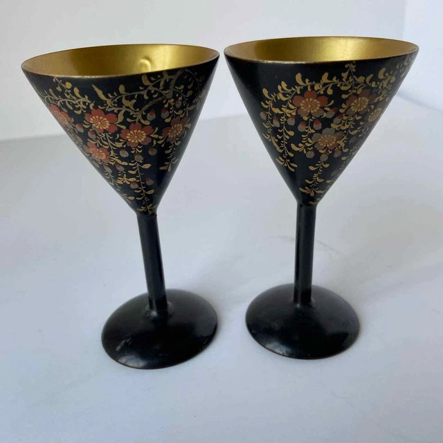 Vintage 2 Sake Saki Laquerware Stems Glasses Cups Black Gold 4.5" Floral