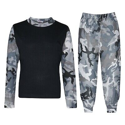 Kids Girls Boys Pjs Contrast Camouflage Charcoal Plain Stylish Pyjamas Set 2-13