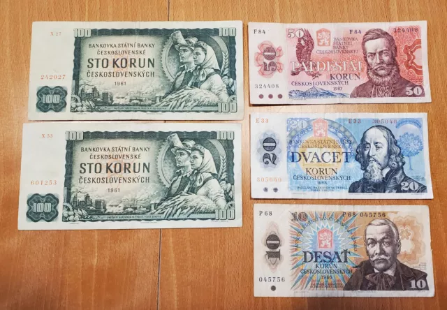 5 alte Banknoten Korun, 1961, 1986-88, Tschechoslowakei