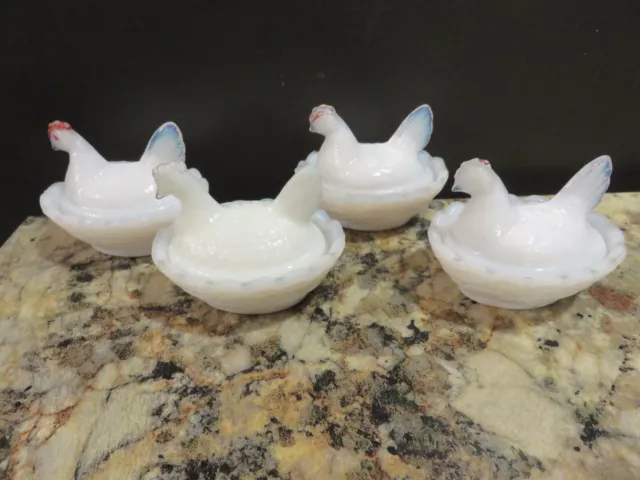 4 Vintage Westmoreland Miniature Hen On Nest Milk Glass Salt Cellar Dish Candy