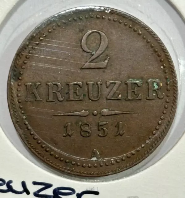 1851-A Austria Empire 2 Kreuzer Mistrike Coin