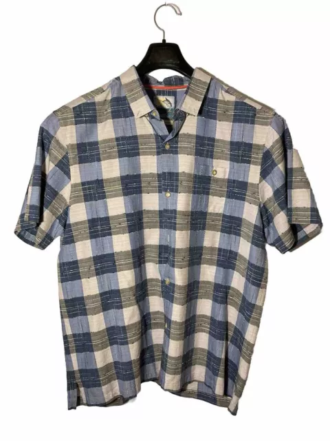 Tommy Bahama Men Size XL Patch Pattern Short Sleeve Shirt-Blue/White Plaid-EUC