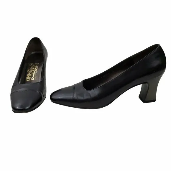 Salvatore Ferragamo Heels 6 B Metallic Black Pumps Work Career Block Vintage