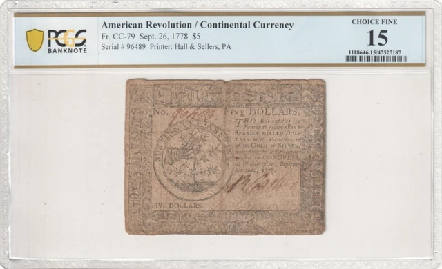 CC-79 September 26, 1778 $5 Continental Currency Note PCGS F15