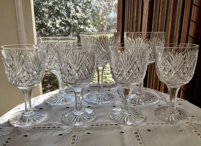 American Brilliant Cut Glass Strawberry Diamond & Fan Wine Glasses (7) c. 1895