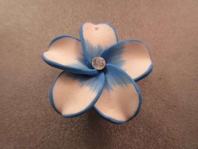 Hawaii Plumeria Flower Polymer Clay w/ Rhinestone 40mm Blue/White Pendant 1pc