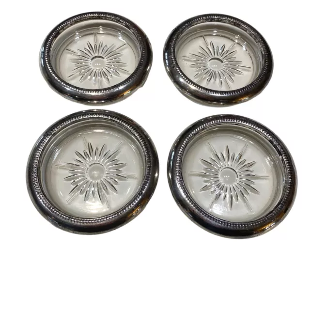 Vintage Round Crystal Silver 4”D Coaster Ashtray Set of 4 Silver Plated Italy PO