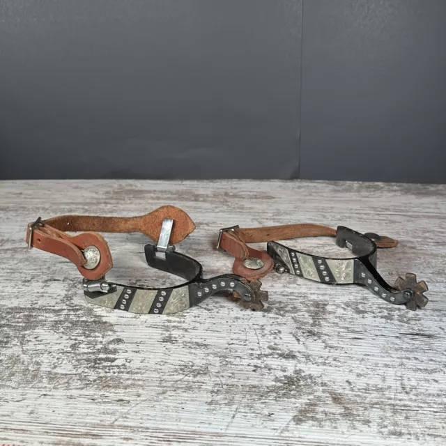 Vintage Western Cowboy Spurs Black And Silver With Leather Straps  ￼