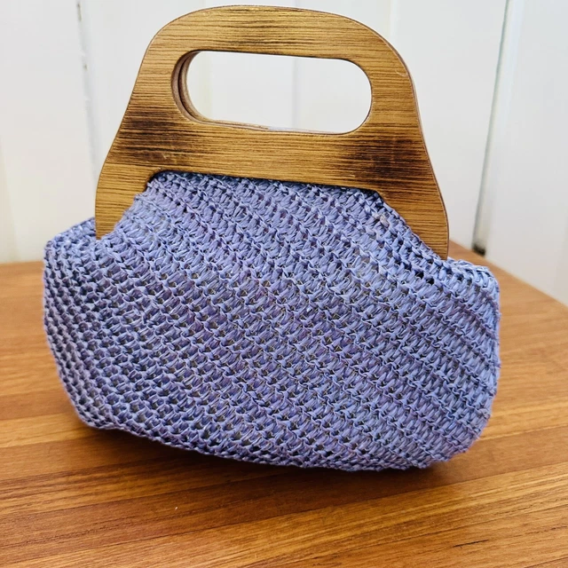 Vintage Bamboo Straw Rattan Purse Small Lilac Round Handbag Beach Bag