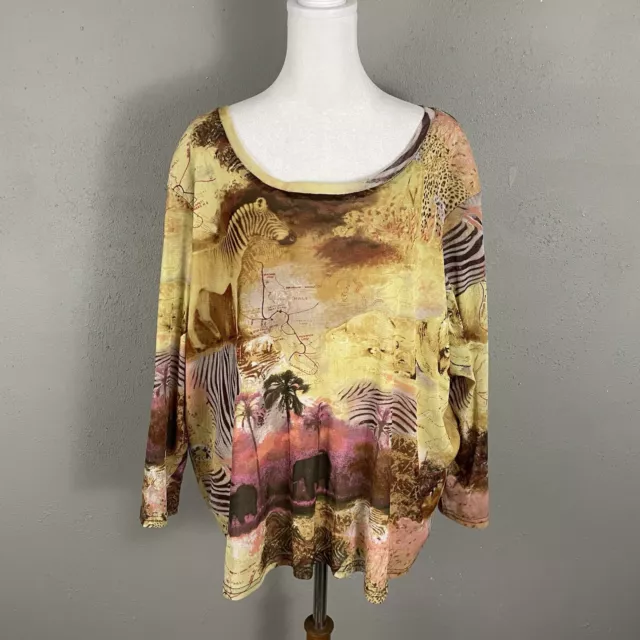 Erin London Mesh Top Size 2X Lined 3/4 Sleeve Blouse Animal Lion Jungle
