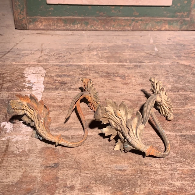Pair Vintage Recaimed Cast Brass Curtain Tie Backs Leaf Rococo