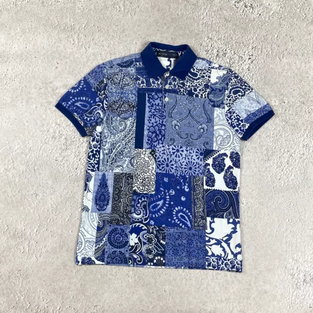 Etro Men's Short Sleeve Allover Paisley Floral Blue & White Cotton Polo Shirt M