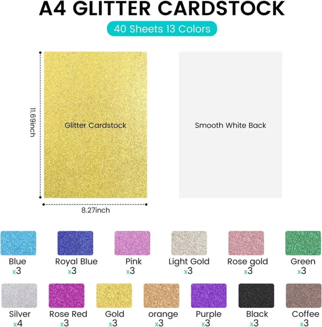 A4 Glitter Coloured Cardstock 40/60 Pack Cake Toppers Gift Cardfor Card Making 2