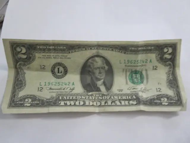 1976 (A) $2 Two Dollar Bill Federal Reserve Note L19625242A