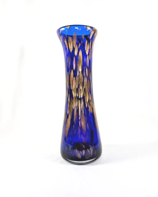 Large 12.5" Vintage Cobalt Blue Hand Blown Murano Style Glass Vase With Gold