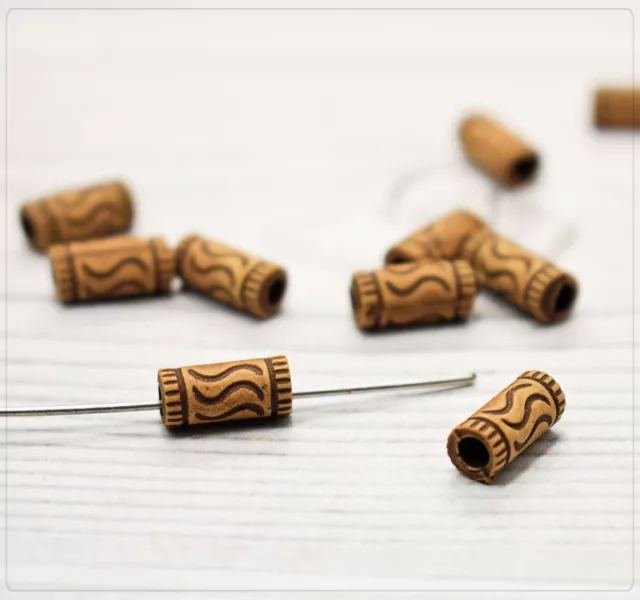 30x Acryl Perlen Holzimitat Beads Spacer Röhre Muster antik Schmuck DIY 11x5mm